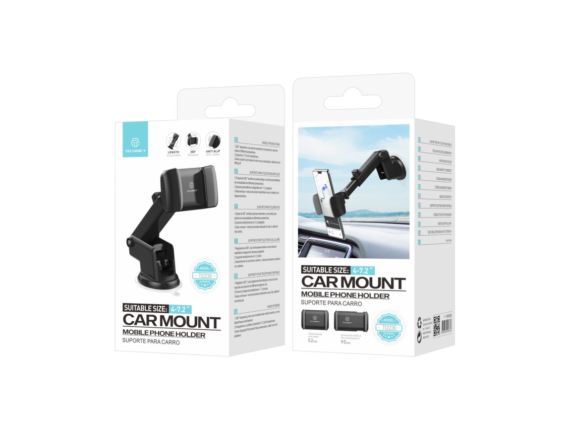 Techancy Car Phone Holder Black+Gray Ti2230, Retractable Stand, Non-Slip Suction Cup, 4-7.2 Inches