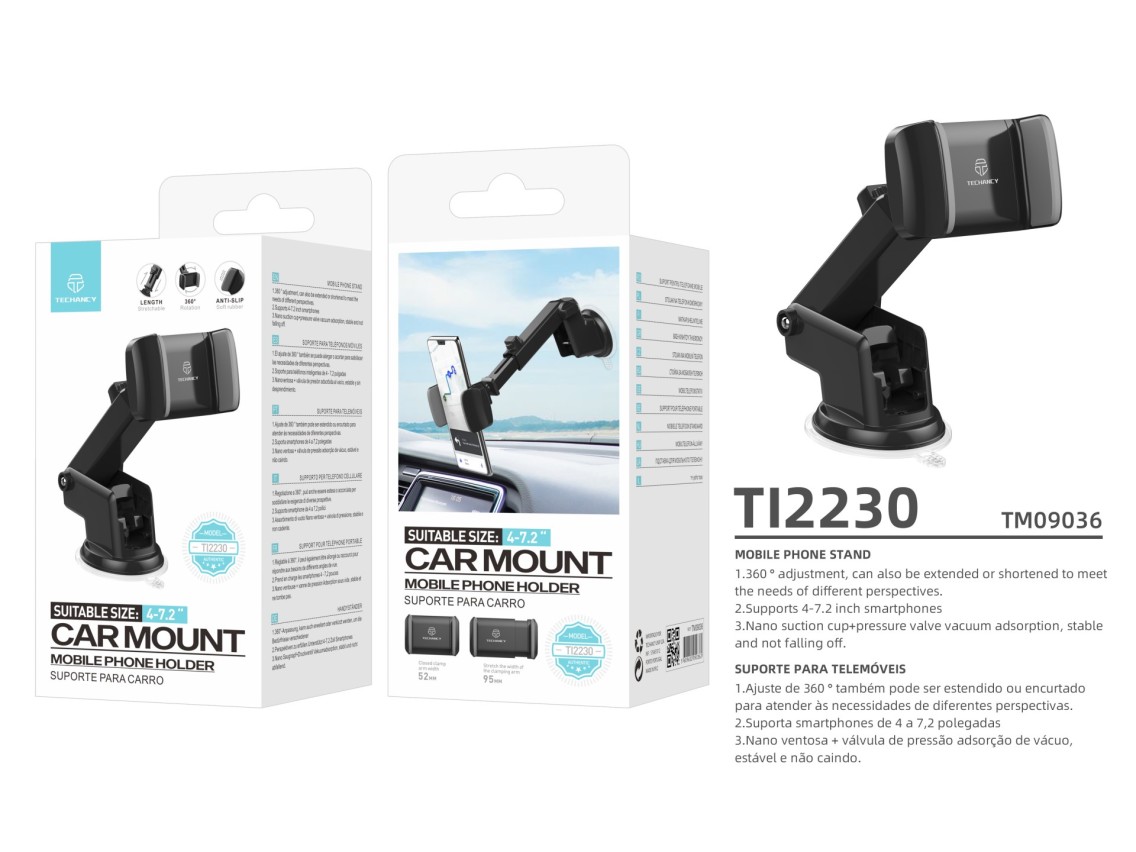 Techancy Car Phone Holder Black+Gray Ti2230, Retractable Stand, Non-Slip Suction Cup, 4-7.2 Inches