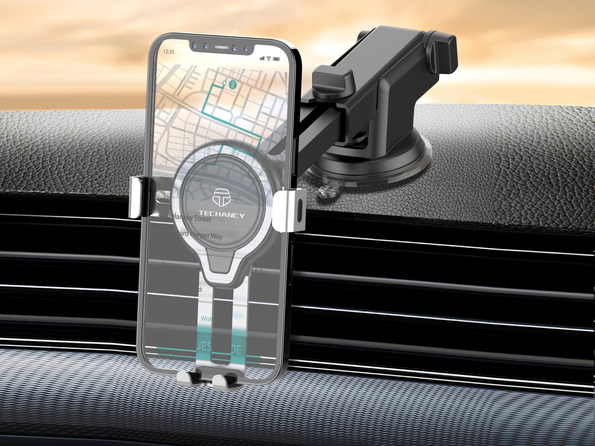 Techancy Ti2231 Car Phone Holder, Adjustable Suction Cup Base, Telescopic Length, 360 Rotation