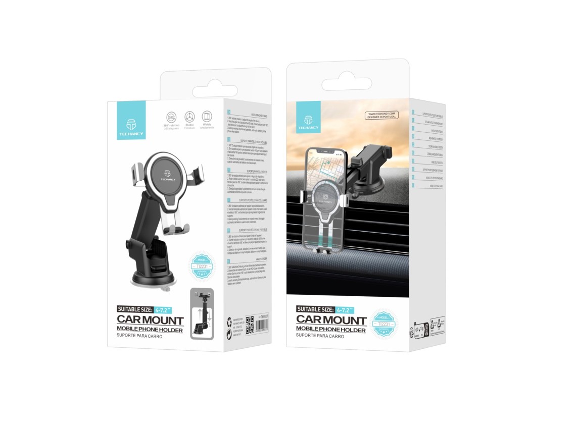 Techancy Suporte Para Telemóvel Para Automóvel Ti2231, Base De Ventosa Ajustável, Comprimento Telesc