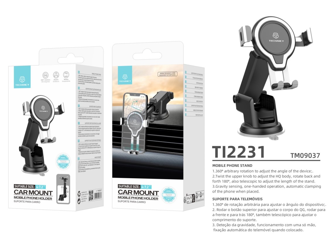 Techancy Suporte Para Telemóvel Para Automóvel Ti2231, Base De Ventosa Ajustável, Comprimento Telesc