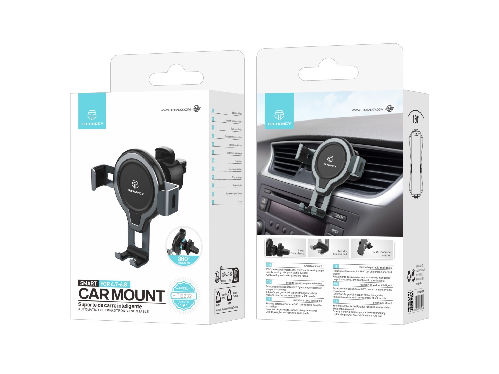Techancy Suporte de Carro TI2232 , Rotação 360°, Suporte Estável, Compatível com Telemóveis 4.7-6.8