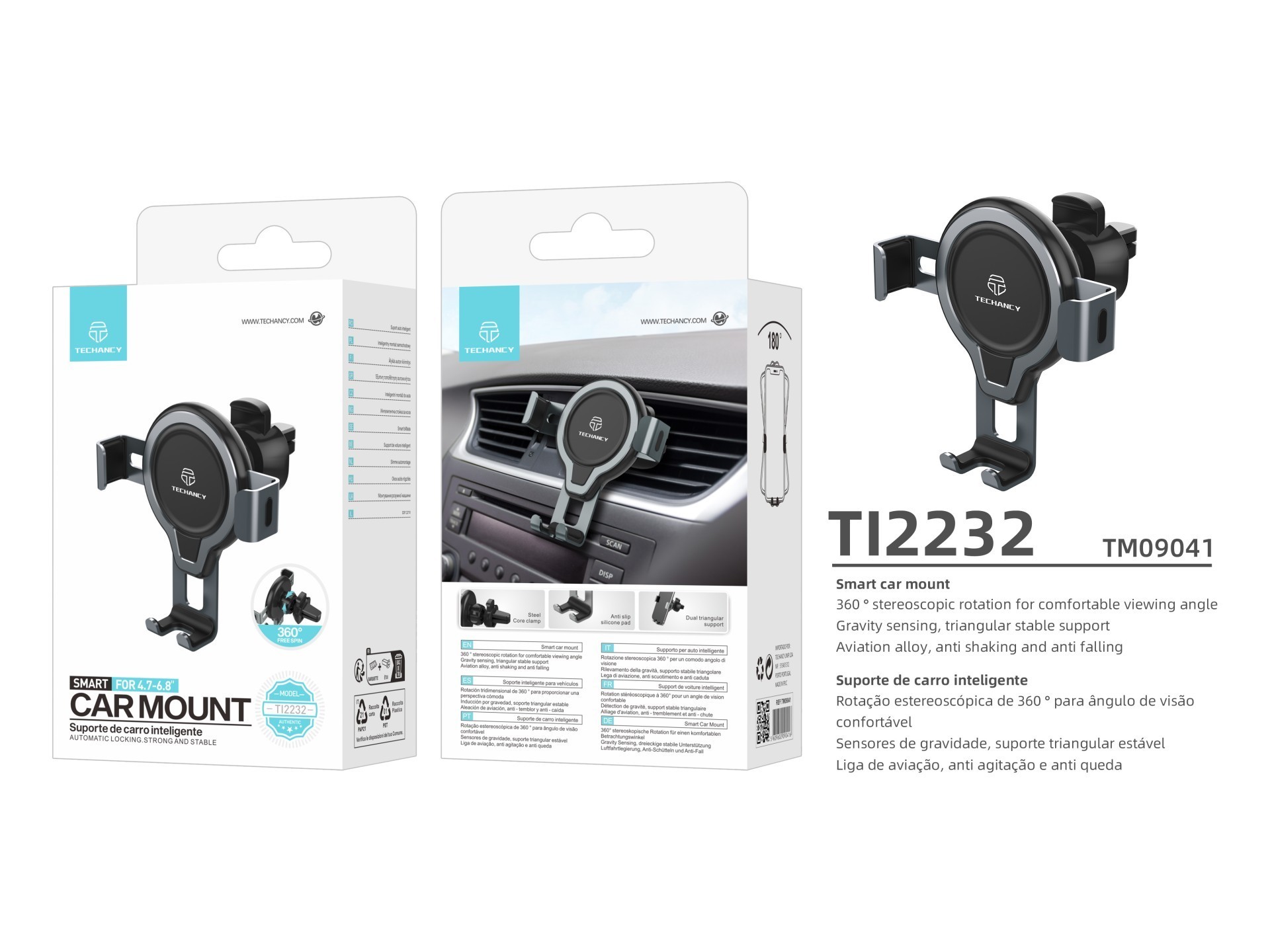 Techancy Suporte de Carro TI2232 , Rotação 360°, Suporte Estável, Compatível com Telemóveis 4.7-6.8