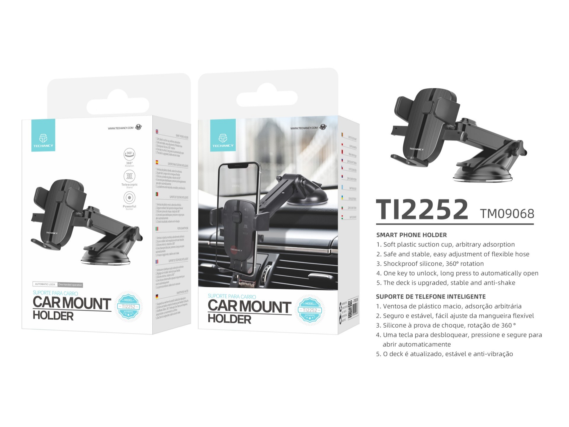 Techancy Suporte Para Telemóvel Para Automóvel Ti2252, Ventosa De Fixação Firme, Rotação De 360°, De