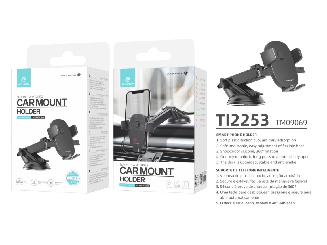 Techancy Suporte Para Telemóvel Para Automóvel Ti2253, Ventosa De Fixação Firme, Rotação De 360°, De