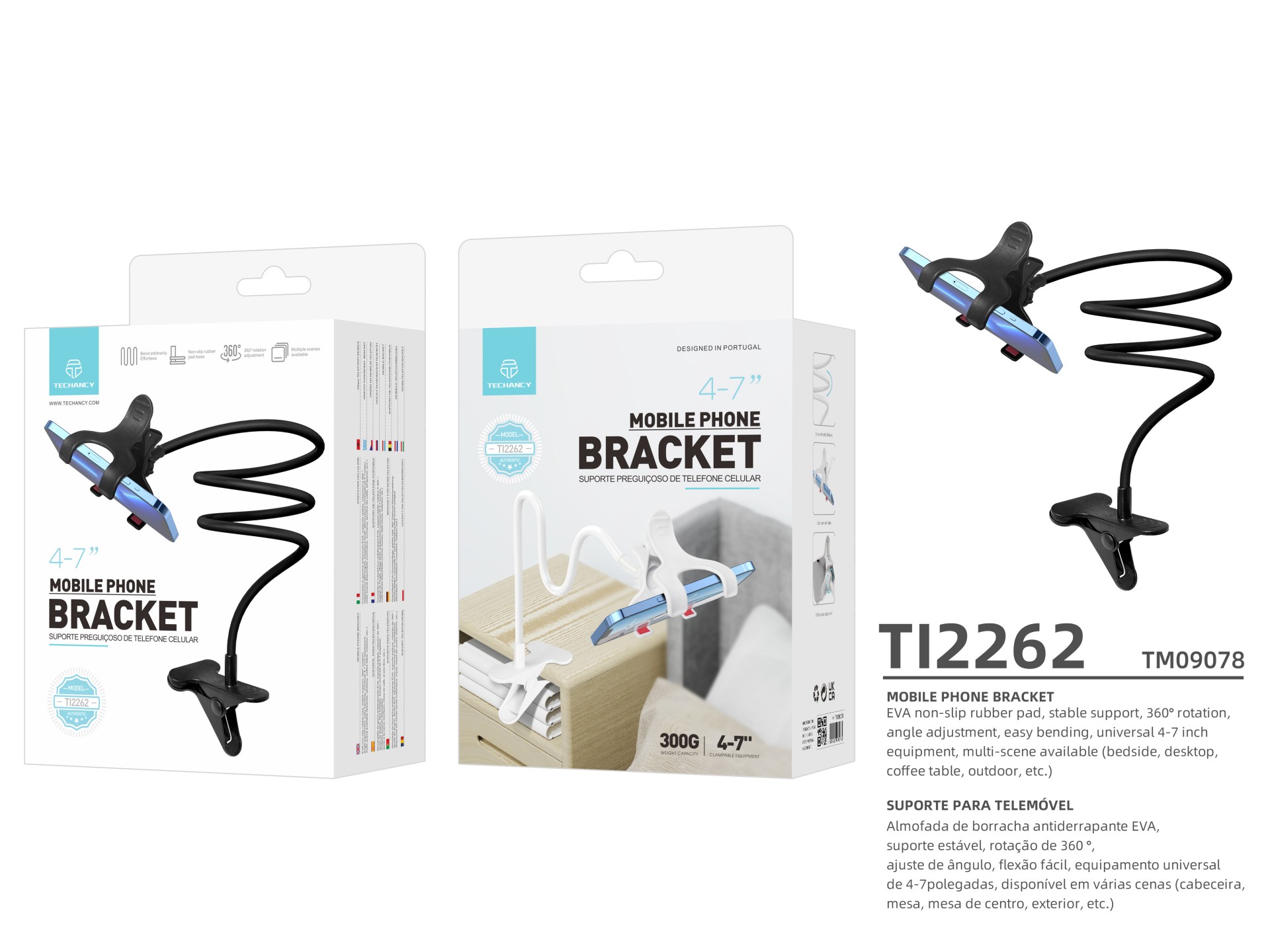 Techancy Suporte Para Telemóvel Gratuito E Ajustável Ti2262 Preto, 4-7 Polegadas, Fácil De Dobrar, A