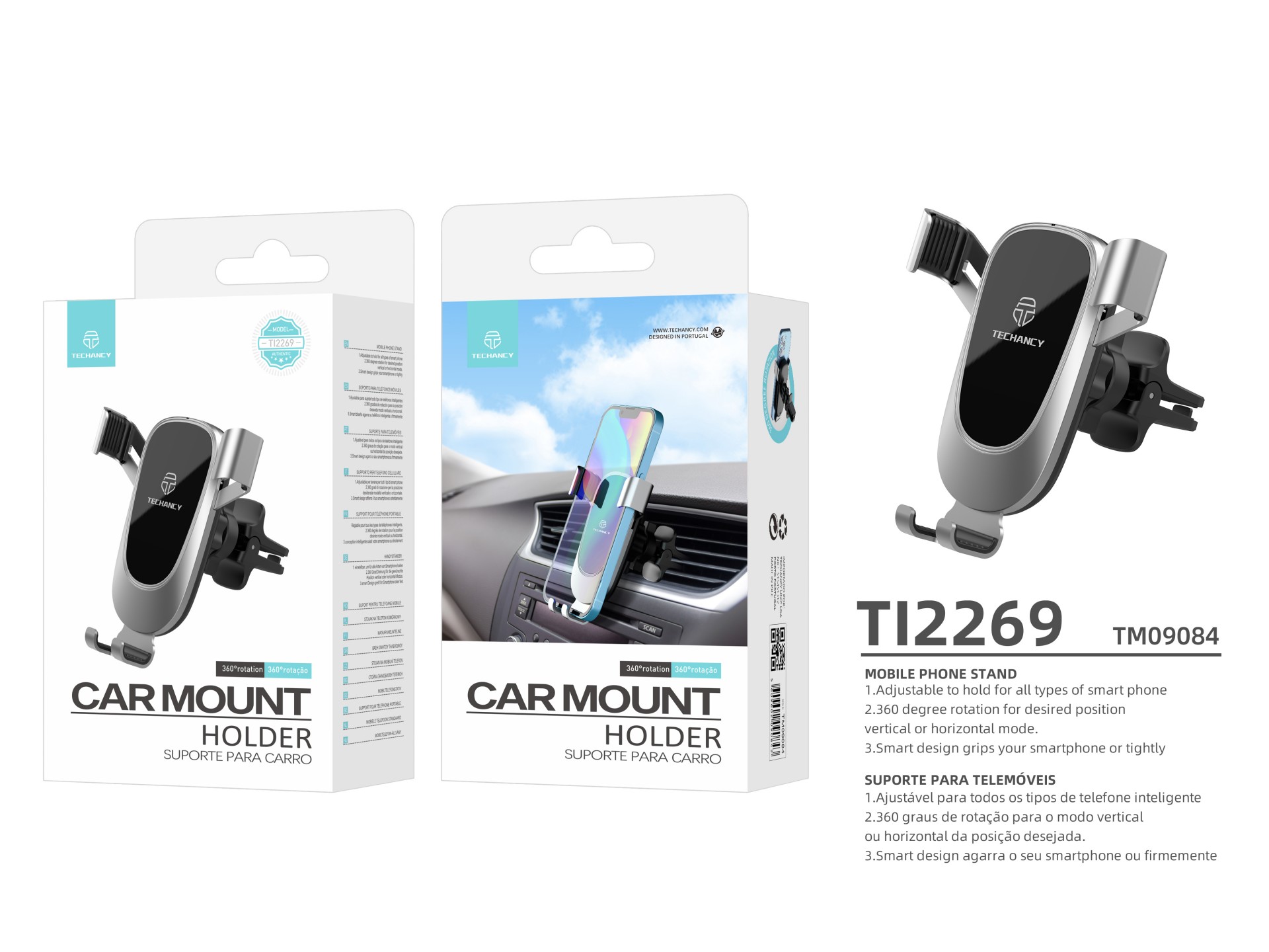 Techancy Suporte Para Telemóvel Para Automóvel Ti2269, Ângulo De Rotação De 360°, A Gravidade Mantém
