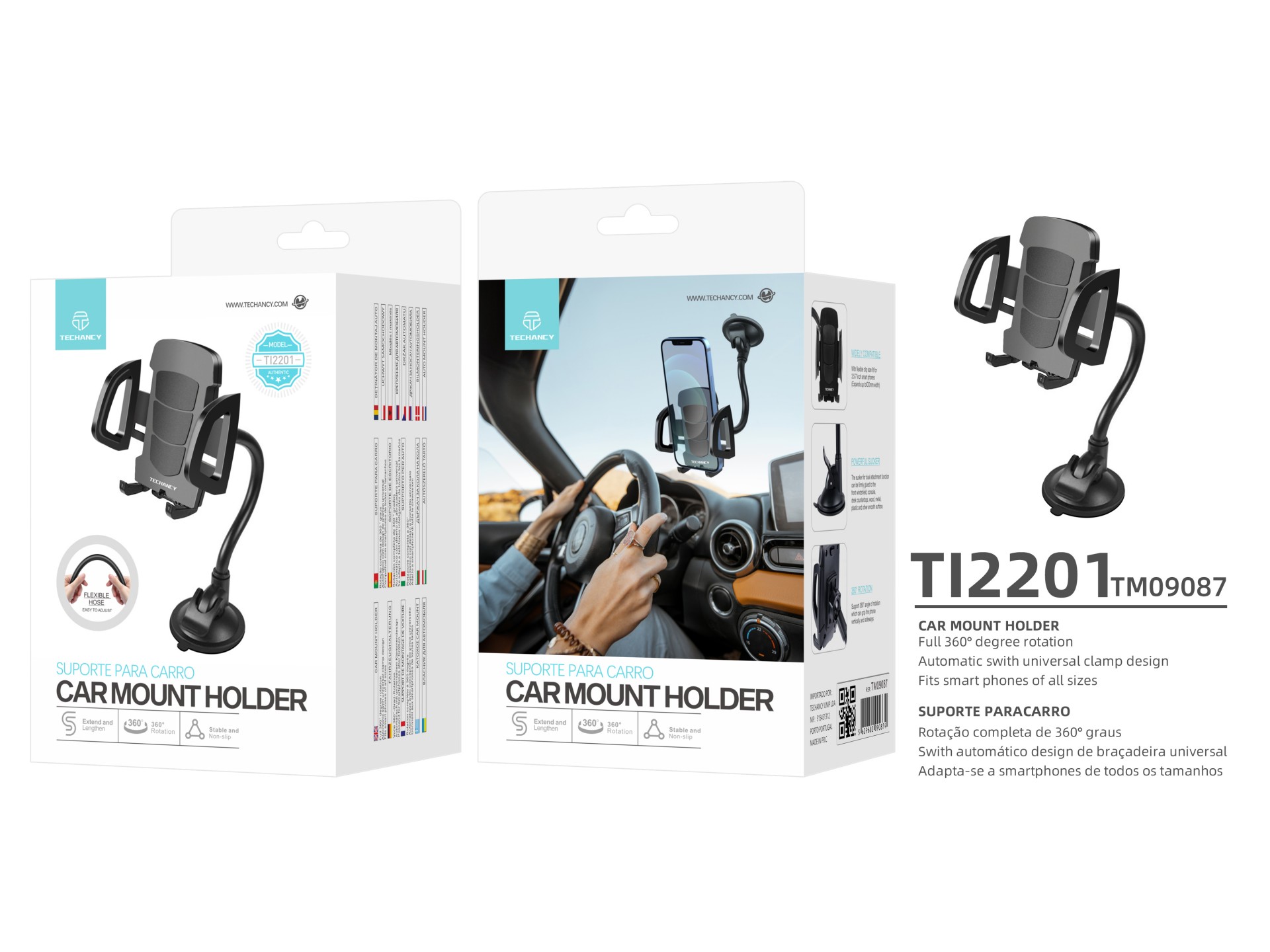 Techancy Suporte Para Telemóvel Para Automóvel Ti2201, Rotação De 360°, Forma De Mangueira Variável,