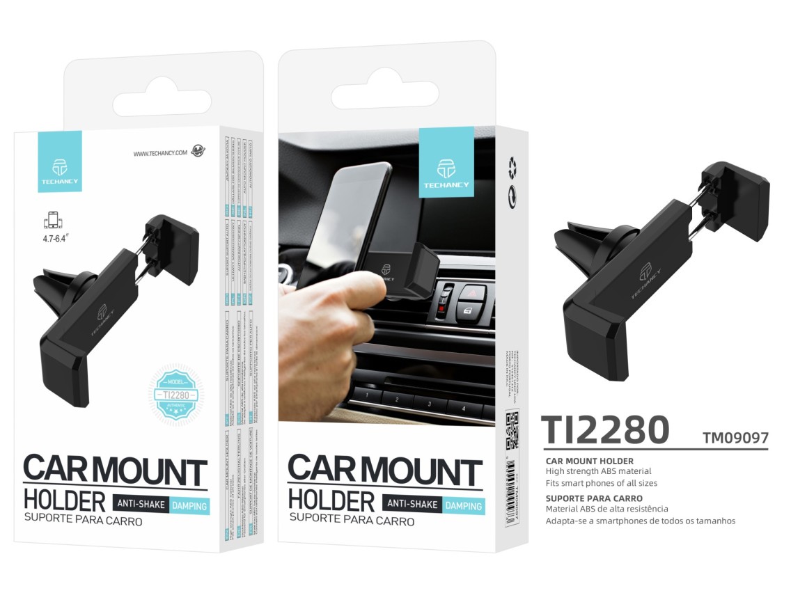 Techancy Suporte Para Telemóvel De Carro Ti2280, Preto, Anti-Vibração, Para Dispositivos De 4.7-6.4&