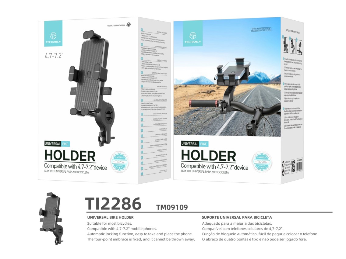 Techancy Suporte Universal Para Bicicleta Preto Ti2286, Telemóvel De 4,7-7,2 Polegadas, Fixação De Q