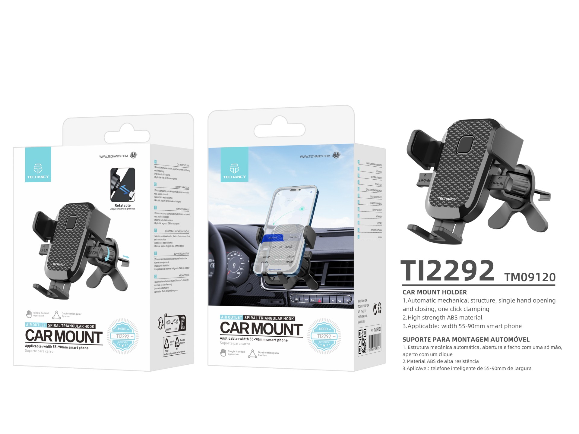 Techancy Car Phone Holder Ti2292, One-Hand Operation, Automatic Opening and Closing, Abs Material.