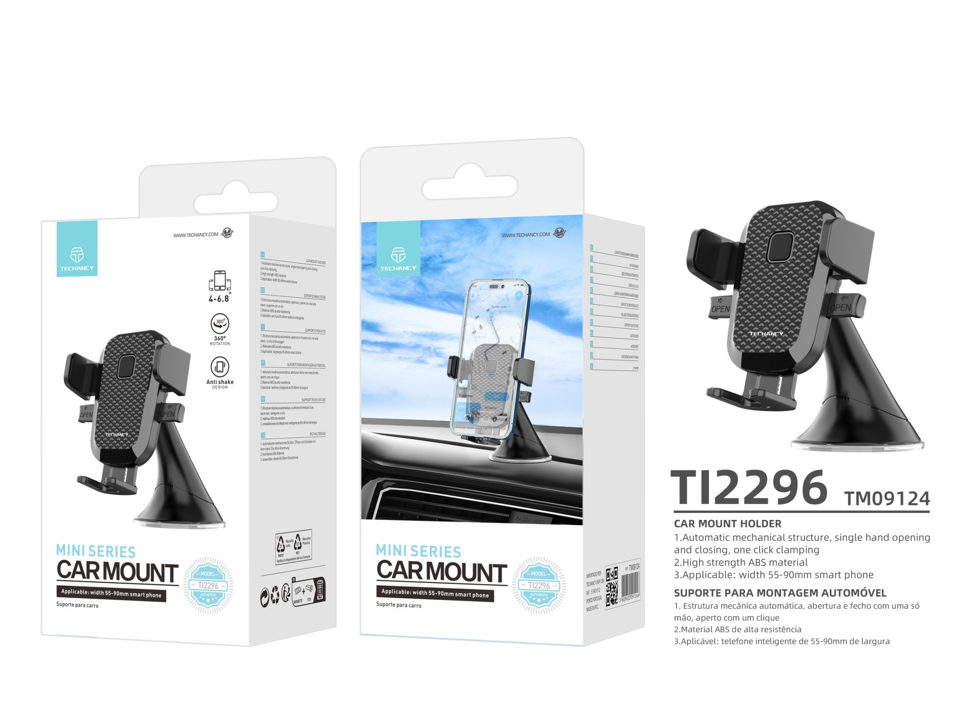 Techancy Suporte Para Telemóvel Para Automóvel, Ti2296, Operação Com Uma Mão, Abertura E Fecho Autom