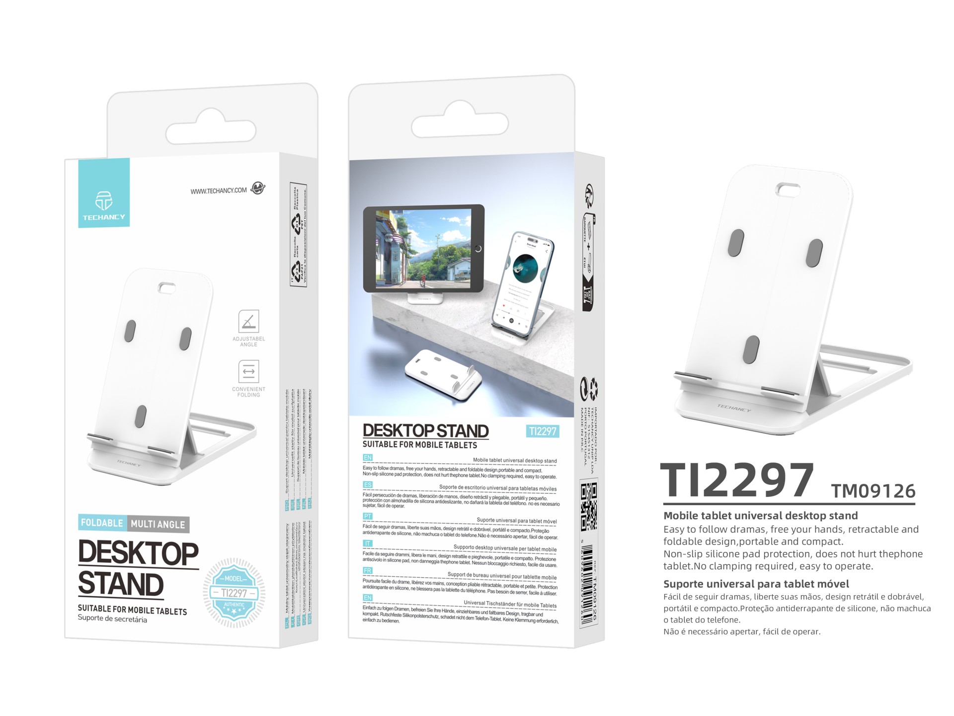 Techancy Suporte Para Telemóvel De Secretária Branco Ti2297, Design Dobrável Para Dispositivos Móvei