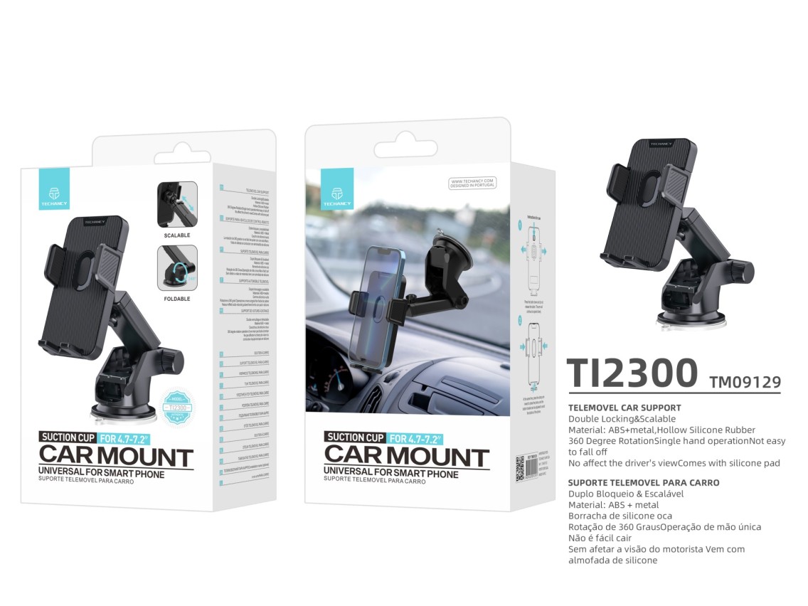 Techancy Suporte Para Telemóvel Para Automóvel Ti2300 Preto, 4,7-7,2 Polegadas, Suporte Para Ventosa