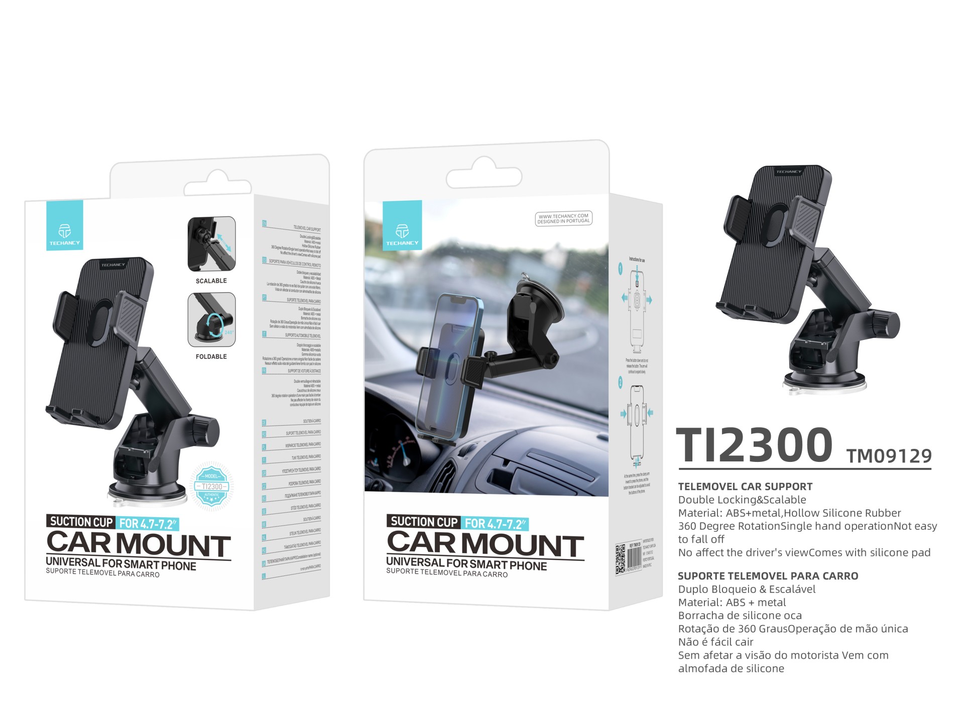 Techancy Suporte Para Telemóvel Para Automóvel Ti2300 Preto, 4,7-7,2 Polegadas, Suporte Para Ventosa