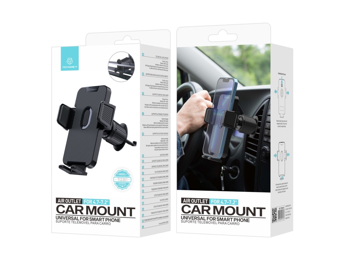 Techancy Suporte Para Telemóvel De Carro Ti2301, Preto, Encaixe Em Saída De Ar, Para Dispositivos 4.