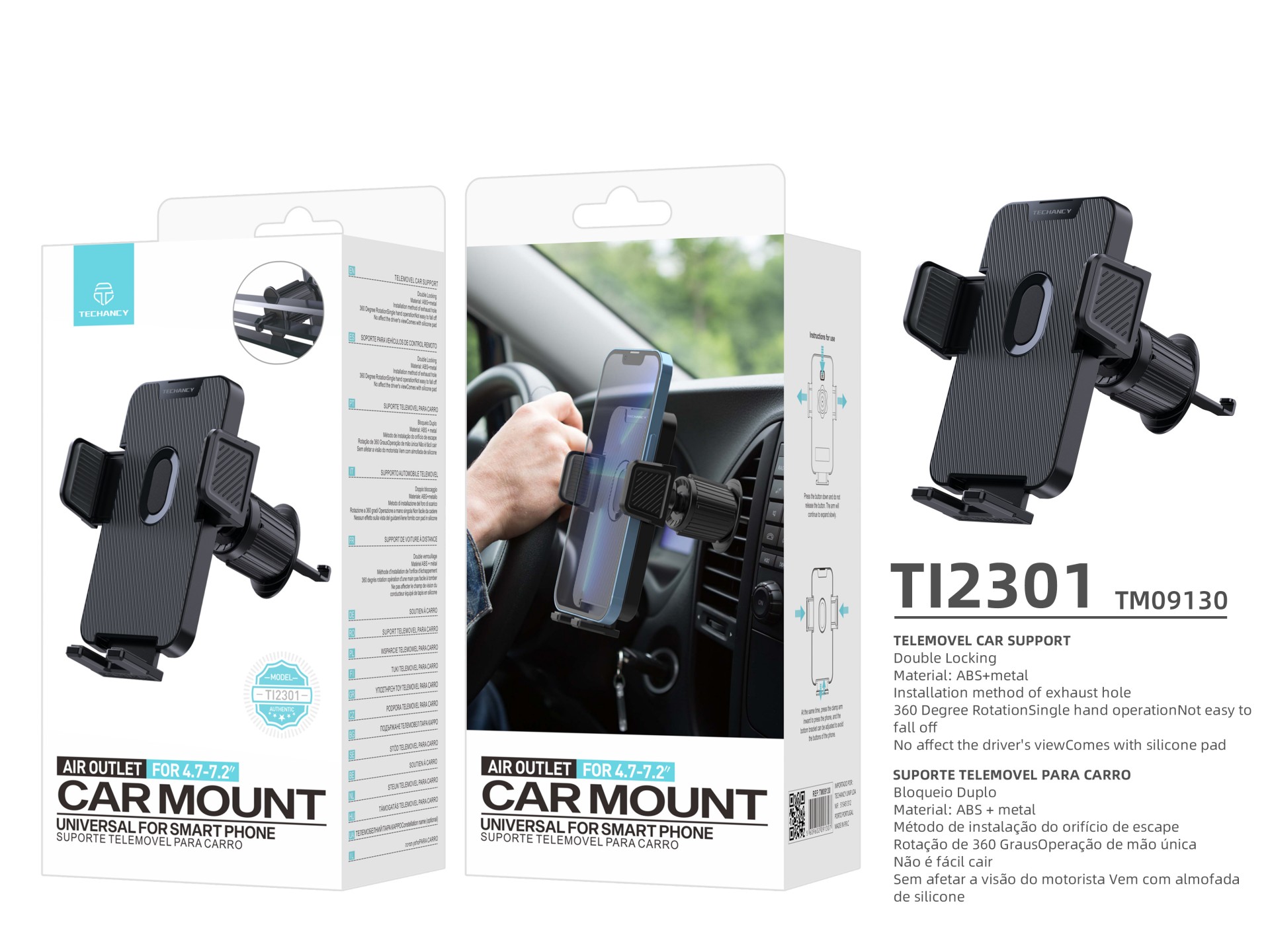 Techancy Suporte Para Telemóvel De Carro Ti2301, Preto, Encaixe Em Saída De Ar, Para Dispositivos 4.