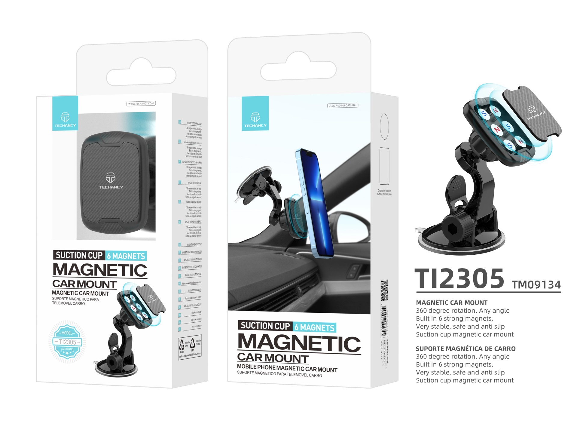 Techancy Ti2305 Magnetic Car Phone Holder, 360 Degree Rotation Support, Fixed at Any Angle