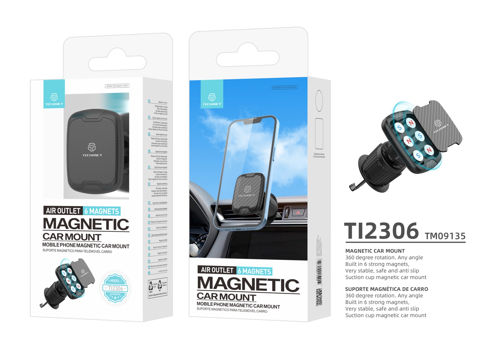 Techancy Suporte Magnético Para Telemóvel Para Automóvel Ti2306, Suporte Para Rotação De 360 Graus,