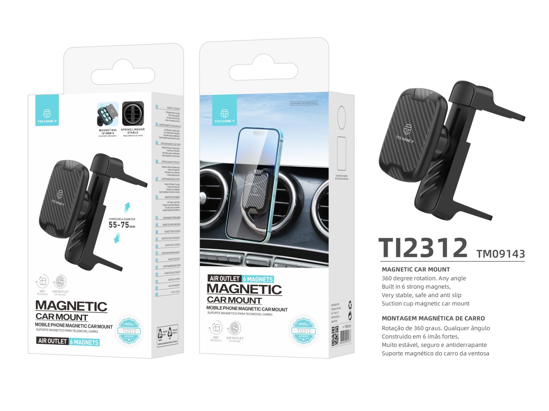Techancy Magnetic Car Phone Holder Ti2312 Black, Compatible with Mercedes-Benz Round Air Vents