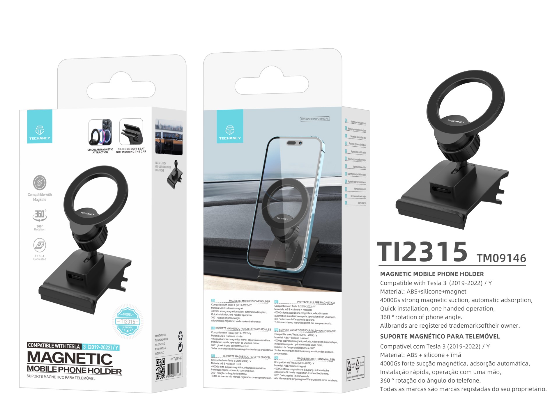 Techancy Suporte Magnético Para Automóvel Com Magsafe Preto Ti2315, Compatível Com Tesla Model 3/Y (