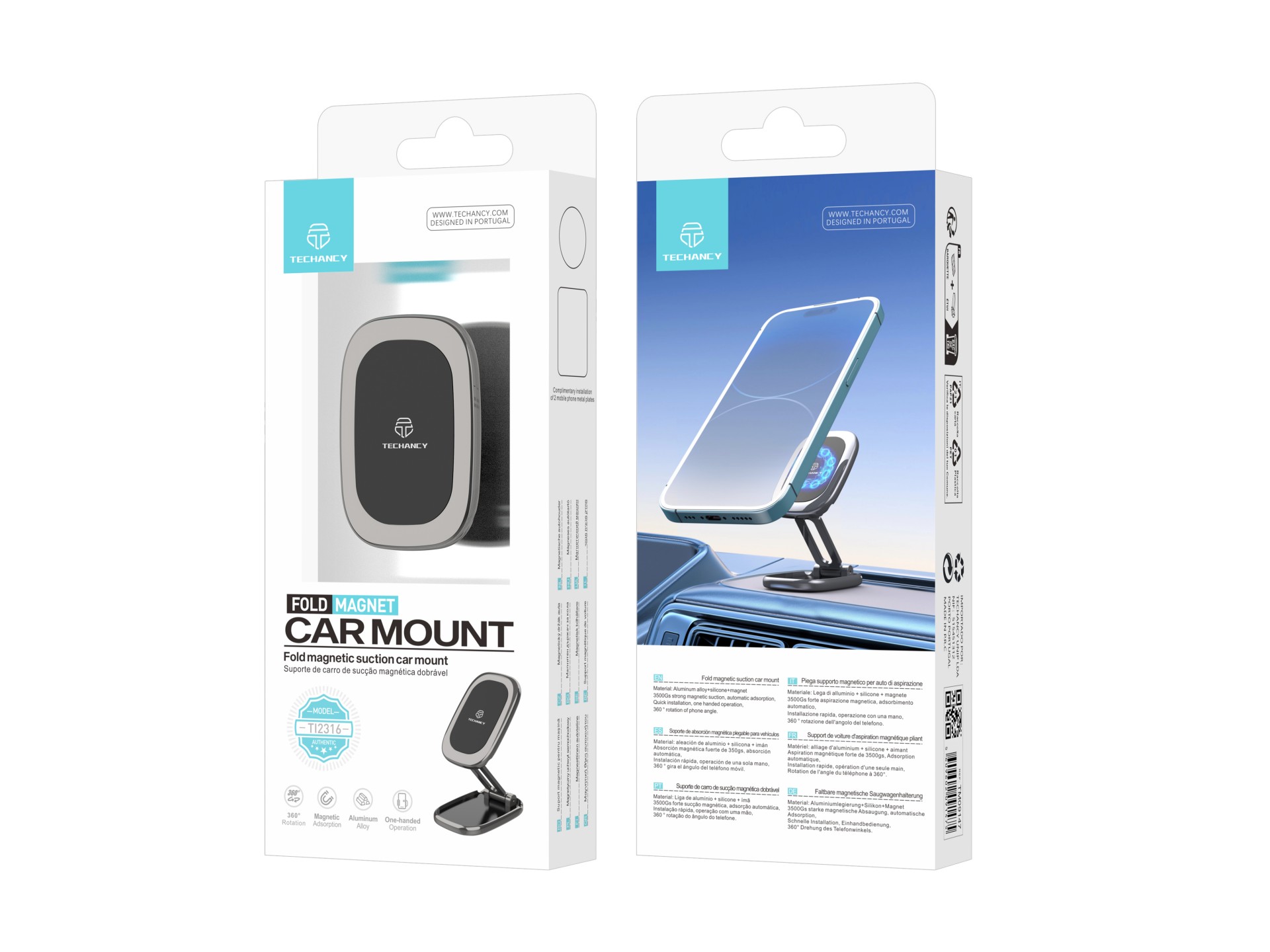 Techancy Suporte Magnético Dobrável Para Telemóvel Para Automóvel Ti2316, Fita Adesiva Dupla Face De
