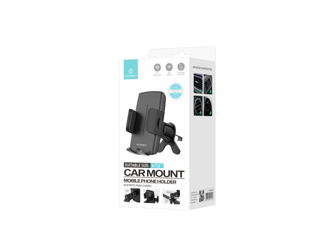 Techancy Suporte Para Telemóvel Para Automóvel Ti2317 Preto, 4,0-7,2 Polegadas, Montagem No Respirad