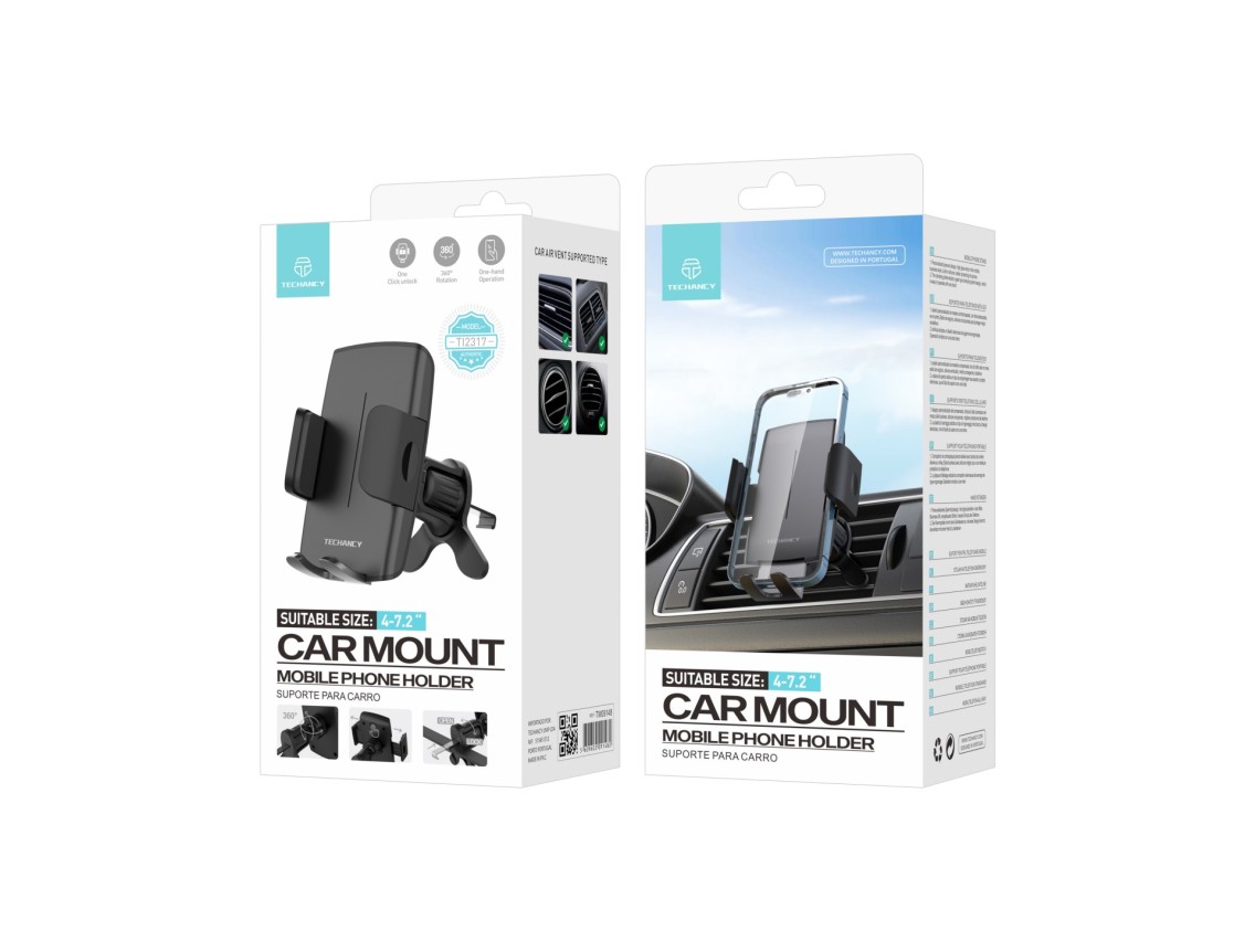 Techancy Suporte Para Telemóvel Para Automóvel Ti2317 Preto, 4,0-7,2 Polegadas, Montagem No Respirad