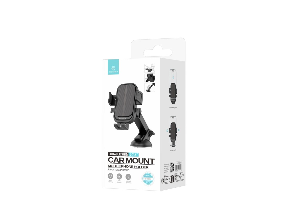 Techancy Ti2318 Car Phone Holder Black, 4.0-7.2 Inch, Suction Cup Mount, One-Touch Lock