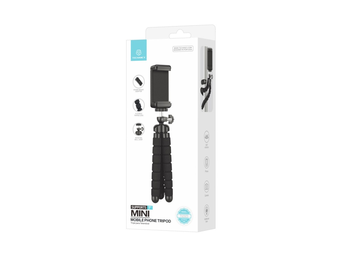 Techancy Mini Trip� Preto Ti2323 Com Pernas Dobr�veis, Incl. Cabe�a Esf�rica, Rota��o De 360� Para C