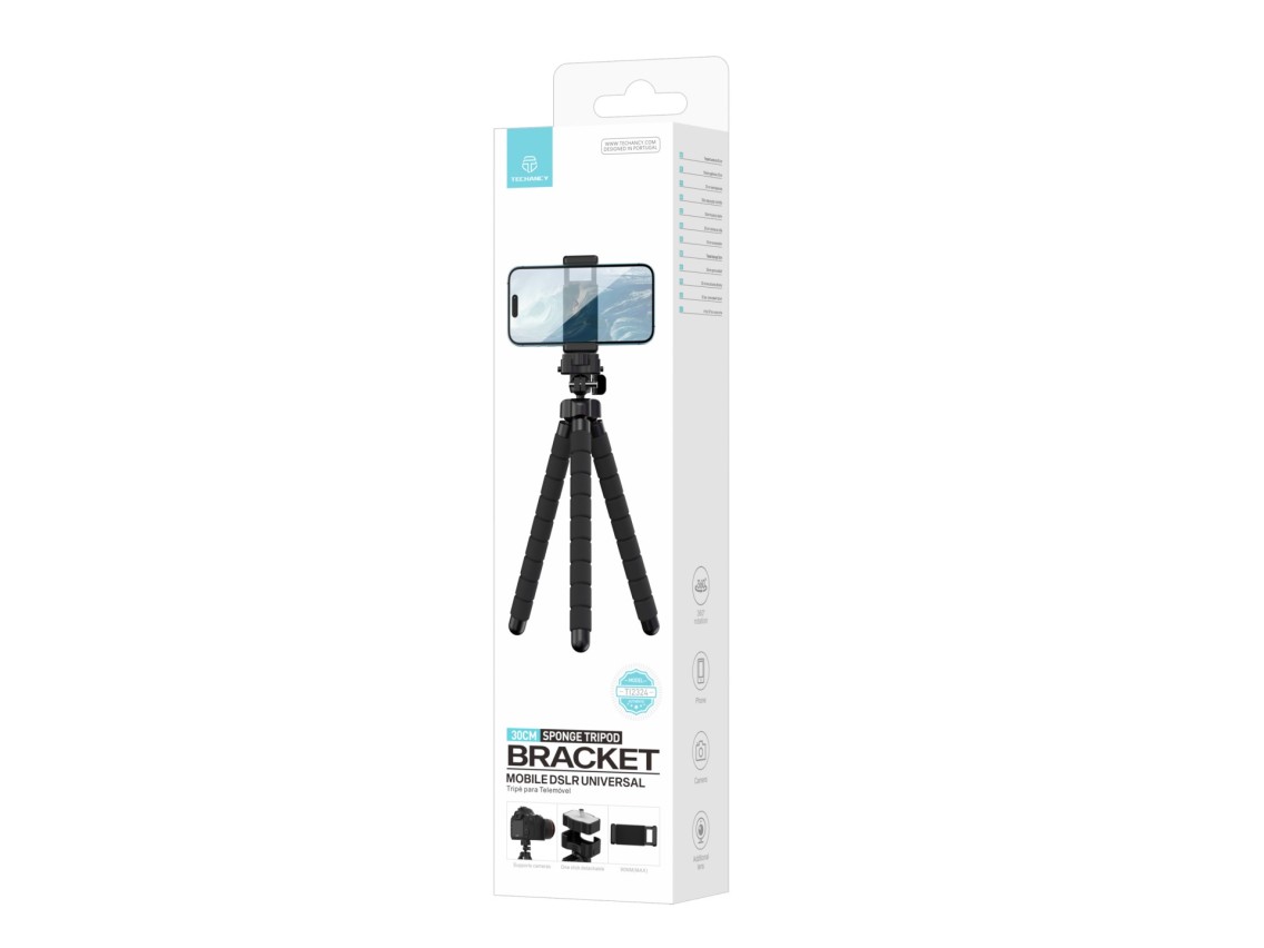 Techancy Tripé De 30 Cm Preto Ti2323, Rotação De 360° Com Pernas Dobráveis, Inclui Cabeça Esférica,
