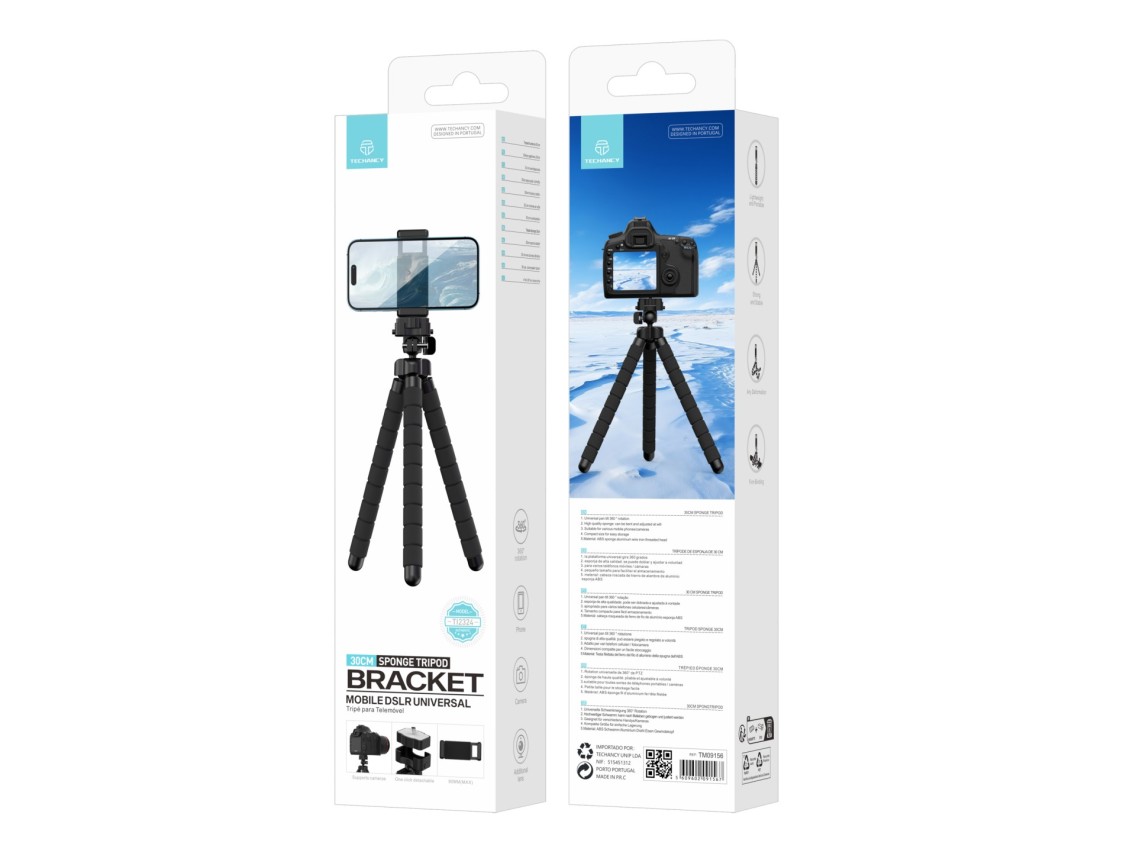 Techancy Tripé De 30 Cm Preto Ti2323, Rotação De 360° Com Pernas Dobráveis, Inclui Cabeça Esférica,