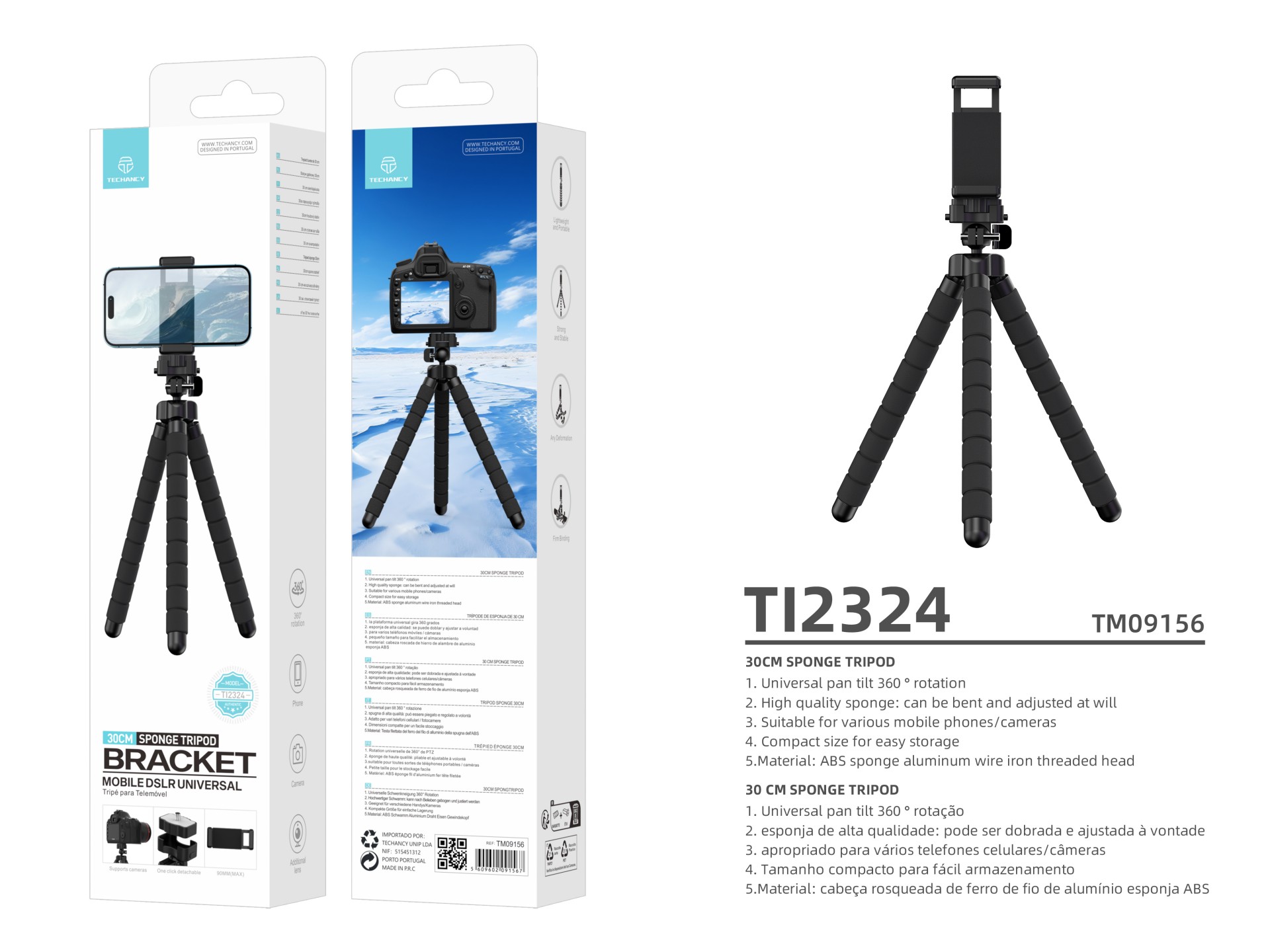 Techancy Tripé De 30 Cm Preto Ti2323, Rotação De 360° Com Pernas Dobráveis, Inclui Cabeça Esférica,