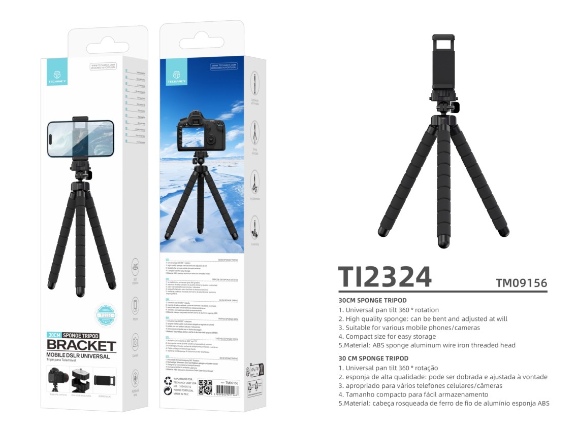 Techancy Tripé De 30 Cm Preto Ti2323, Rotação De 360° Com Pernas Dobráveis, Inclui Cabeça Esférica,