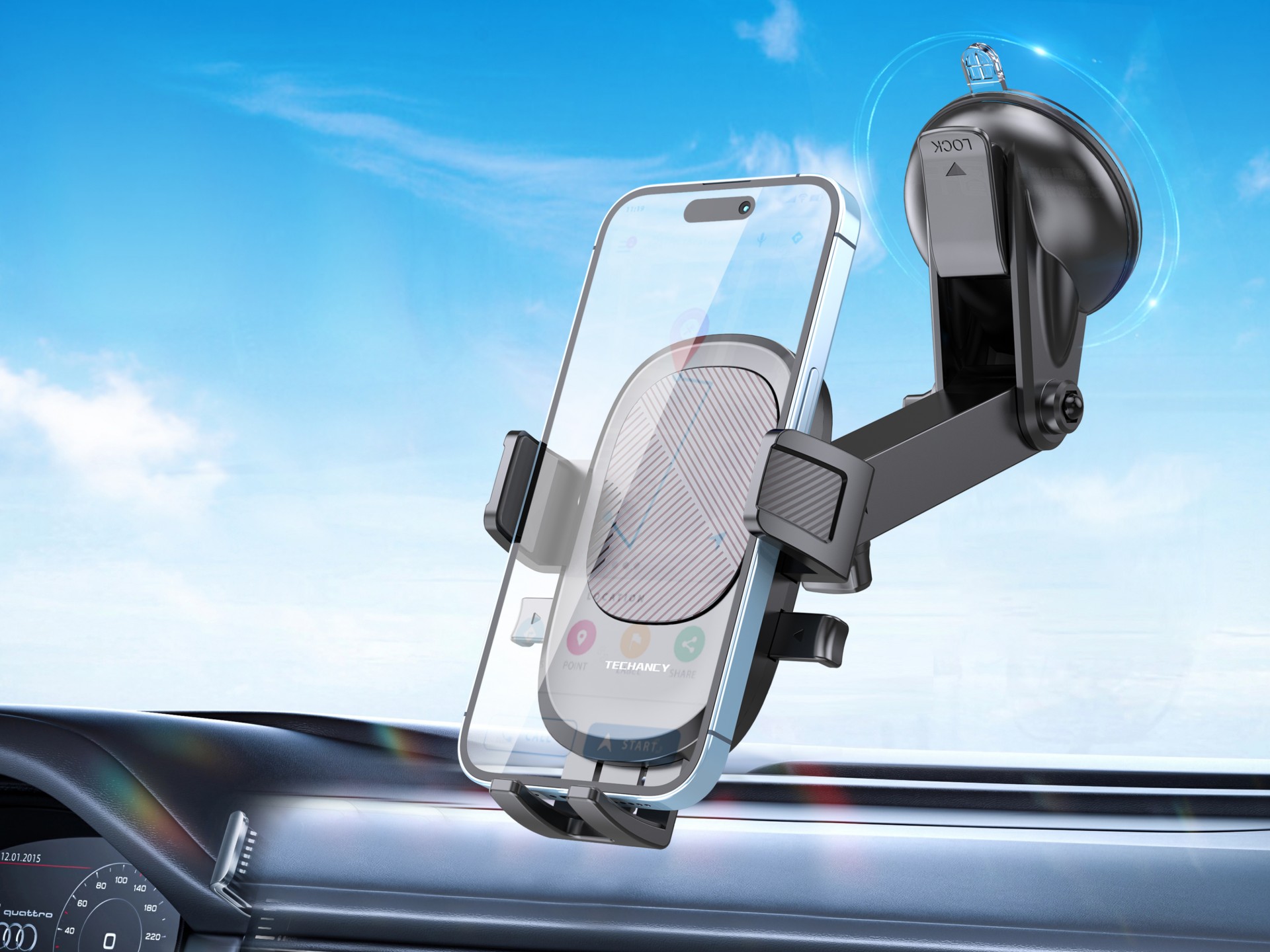 Techancy Suporte para telemóvel para automóvel TI2328 preto, ventosa ajustável, compatível com telem