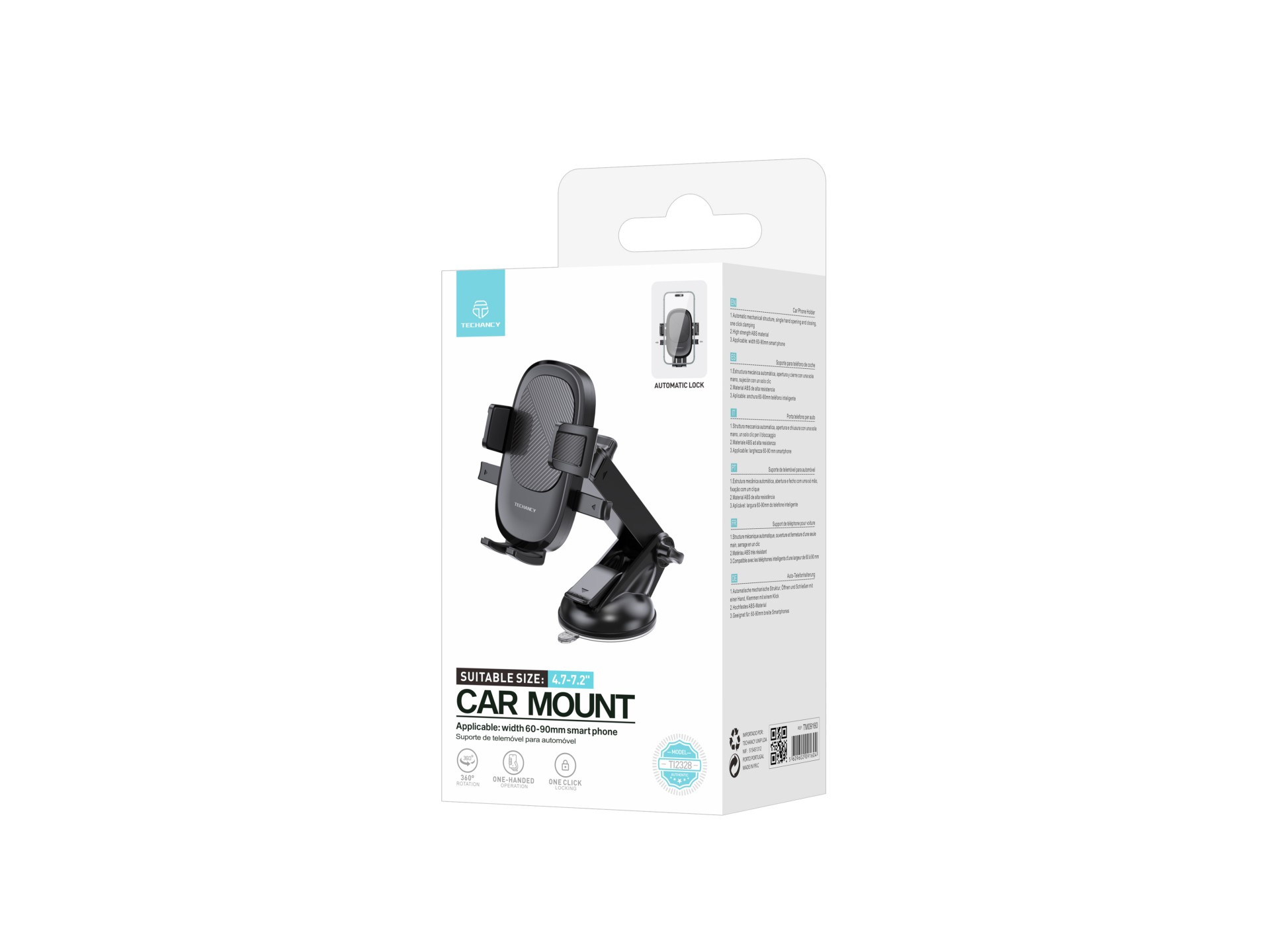 Techancy Suporte para telemóvel para automóvel TI2328 preto, ventosa ajustável, compatível com telem