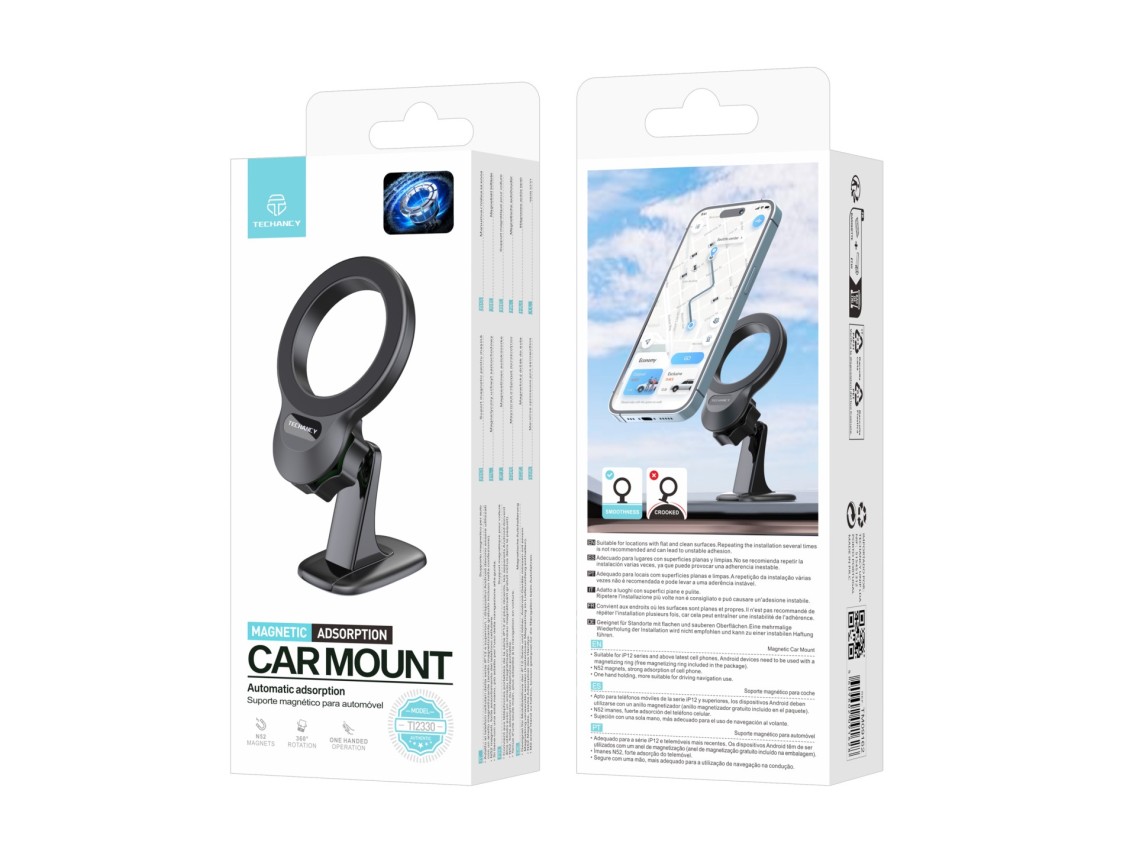 Techancy Suporte Magnético Para Automóvel Preto Ti2330, Compatível Com Iphone 12-16/Tecnologia Magsa