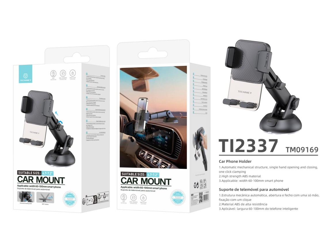 Techancy TI2337 Suction Cup Phone Holder, One-Hand Operation, High-Strength ABS, for 4.7"-7.2" Smart