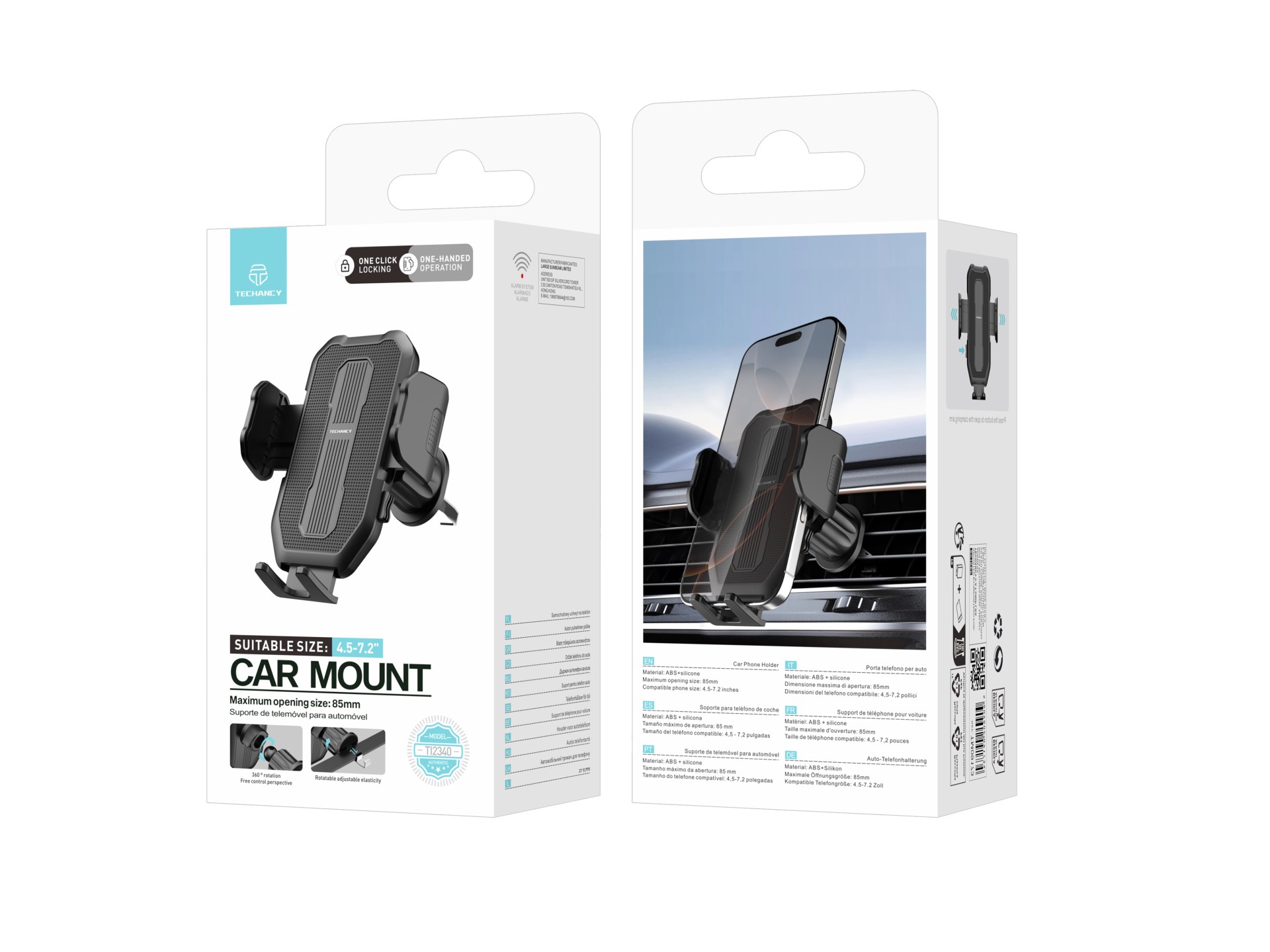 Techancy suporte de telemovel para carro TI2340 Operacao com uma mao Compativel com 4.5-7.2 pol Pret