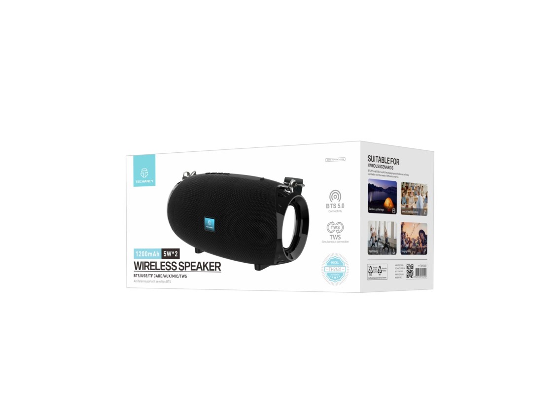 Altavoz inalámbrico Techancy TH2631 negro con batería integrada de 5 W, 2 altavoces y entrada TWS/TF