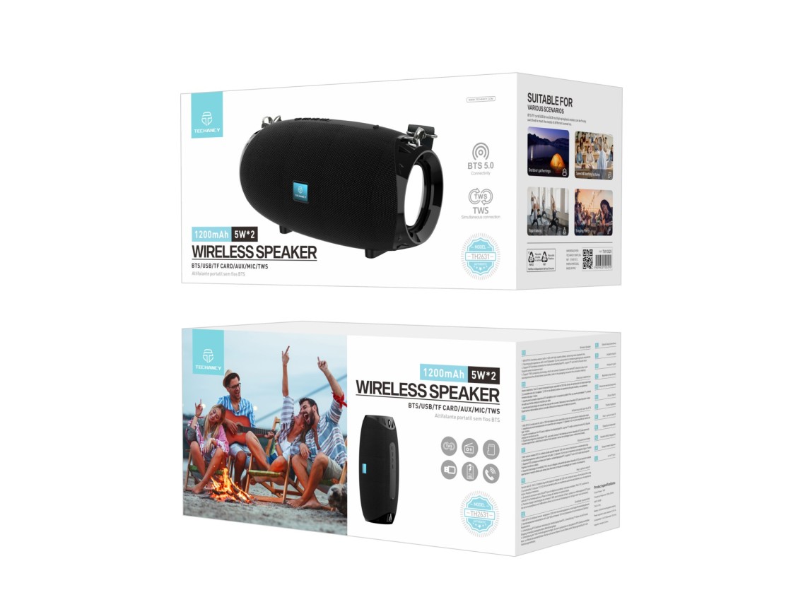 Altavoz inalámbrico Techancy TH2631 negro con batería integrada de 5 W, 2 altavoces y entrada TWS/TF