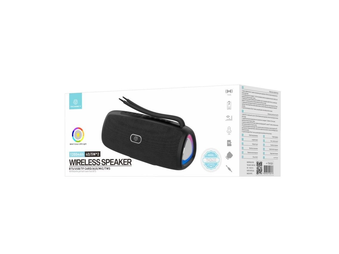 Techancy Altifalante Sem Fios Bluetooth Vers�o 5.3TH2633, Suporte TWS/TF/AUX, Luz Ambiente Led Rgb D