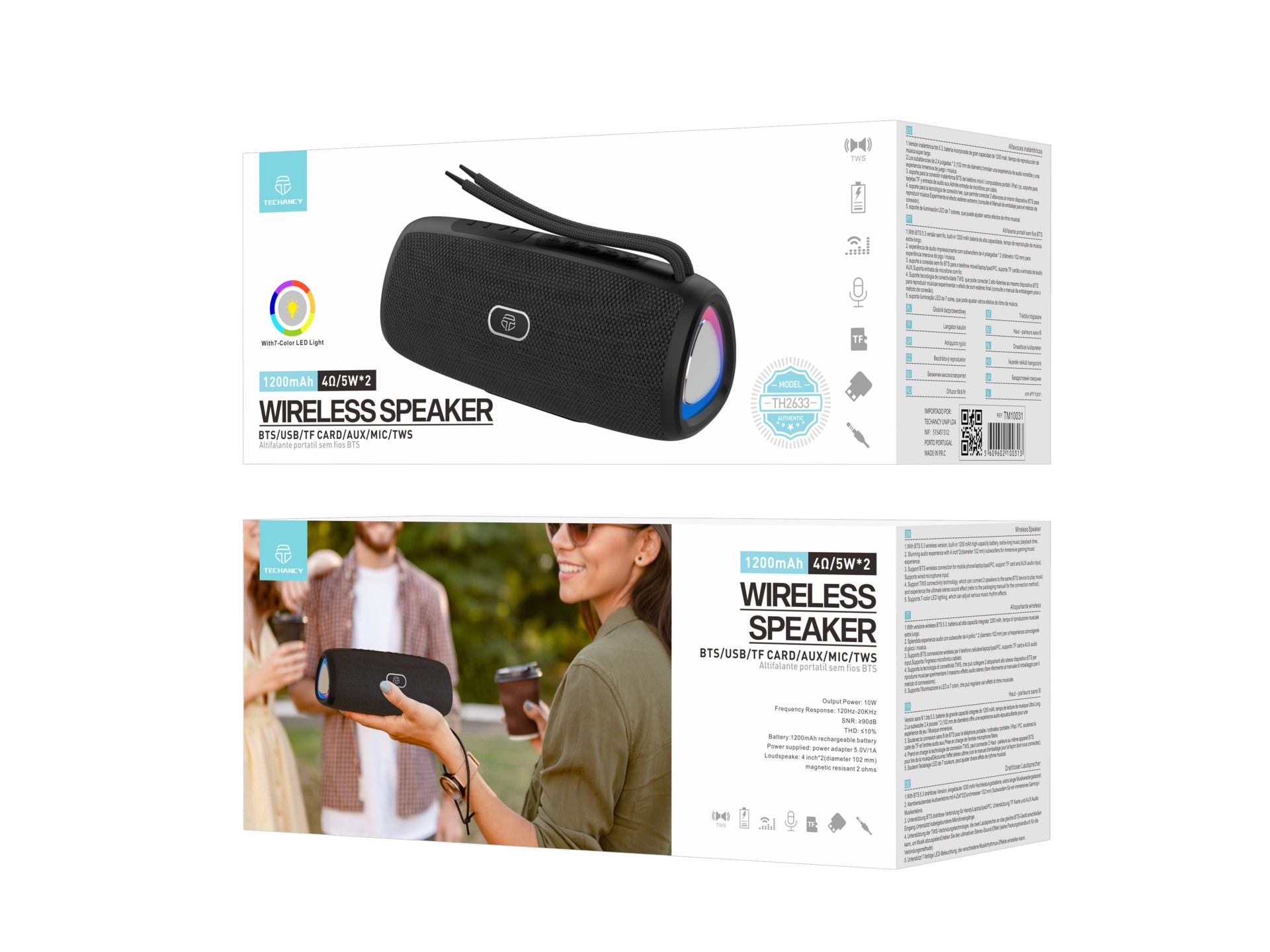 Techancy Altifalante Sem Fios Bluetooth Versão 5.3TH2633, Suporte TWS/TF/AUX, Luz Ambiente Led Rgb D