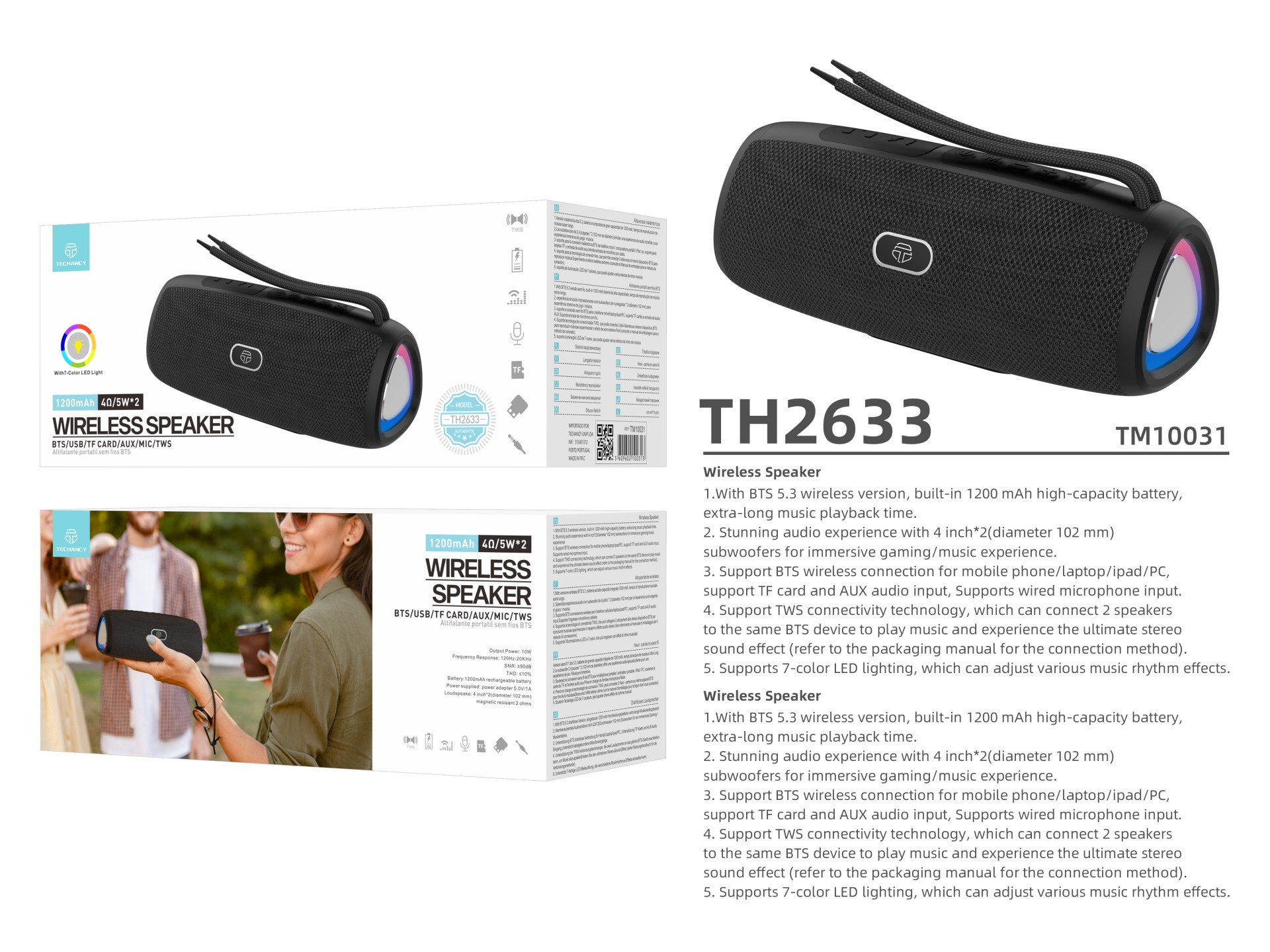 Techancy Altifalante Sem Fios Bluetooth Versão 5.3TH2633, Suporte TWS/TF/AUX, Luz Ambiente Led Rgb D