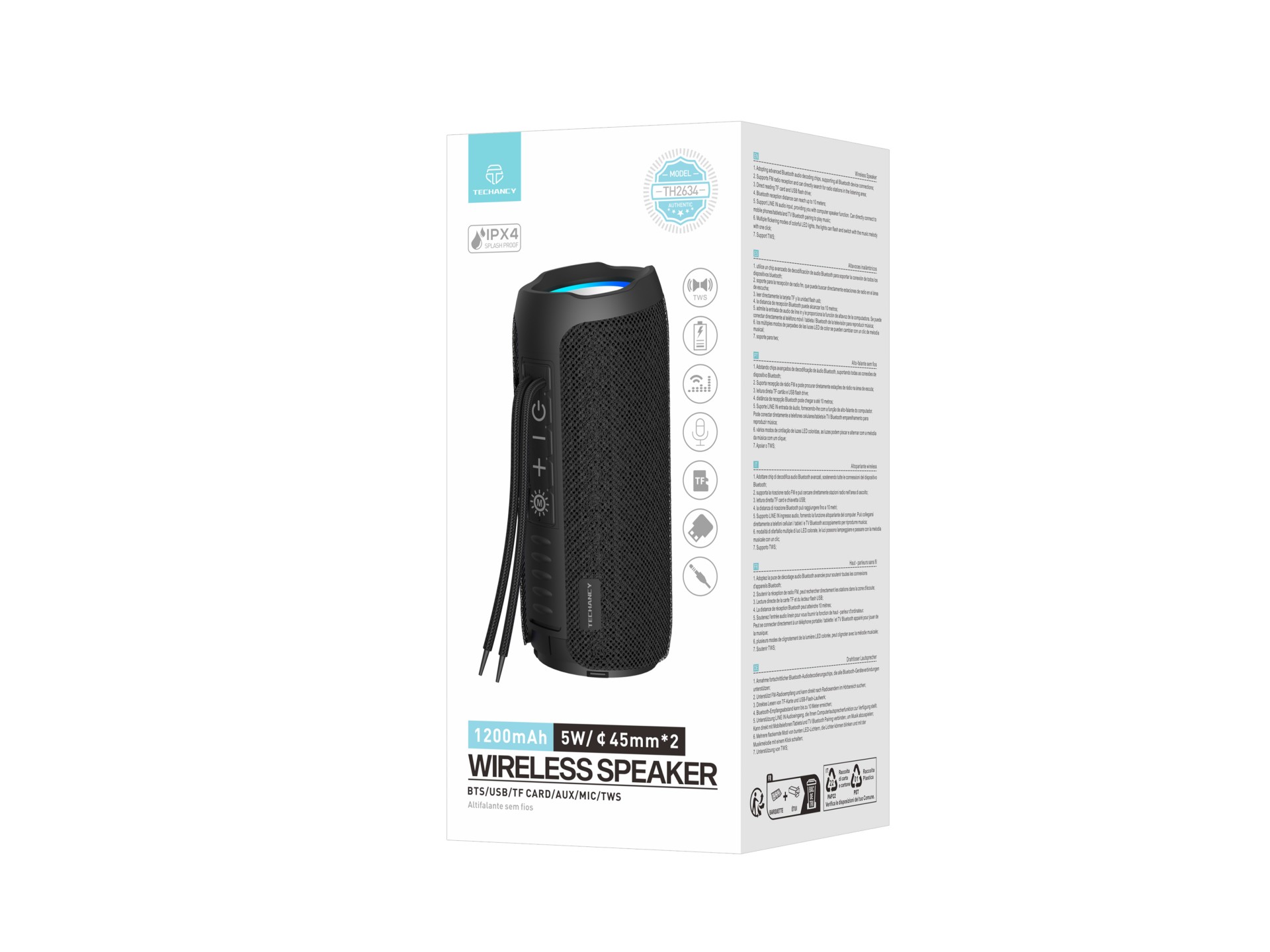Techancy Altifalante sem fios Bluetooth versão 5.3 TH2634, suporta entrada TF/U disk/LINE LN, luz LE