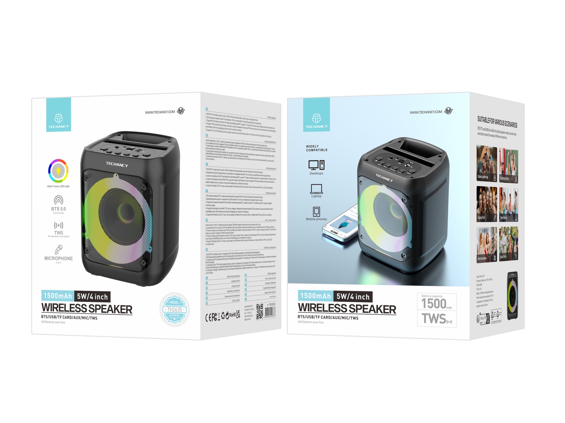 Techancy Altifalante Bluetooth Sem Fios TH2635, 5 W/4 Polegadas, Som Estéreo Tws, Ritmo De Luz Led,