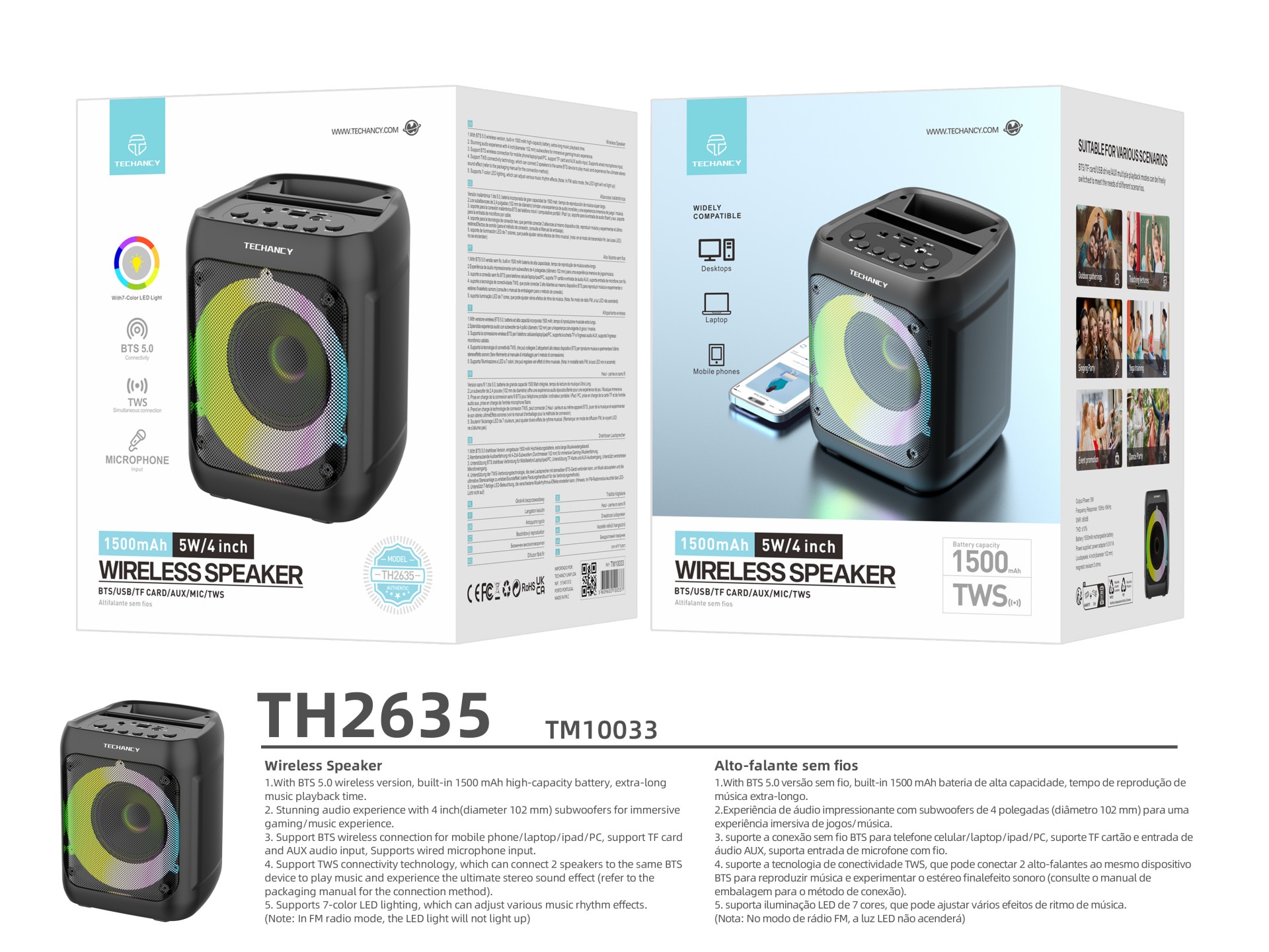 Techancy Altifalante Bluetooth Sem Fios TH2635, 5 W/4 Polegadas, Som Estéreo Tws, Ritmo De Luz Led,