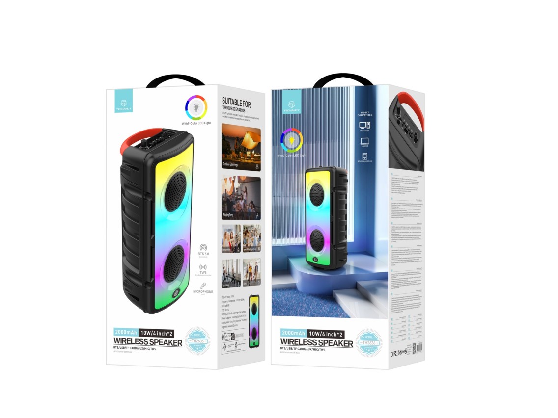 Techancy Altifalante Bluetooth Sem Fios TH2636, Altifalante De 2*4 Polegadas, Som Estéreo Tws, Ritm