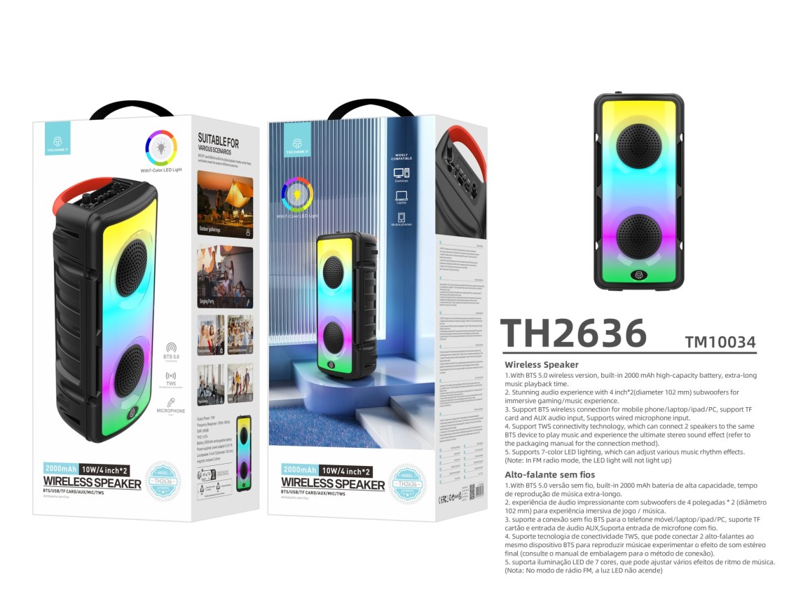 Techancy Altifalante Bluetooth Sem Fios TH2636, Altifalante De 2*4 Polegadas, Som Estéreo Tws, Ritm