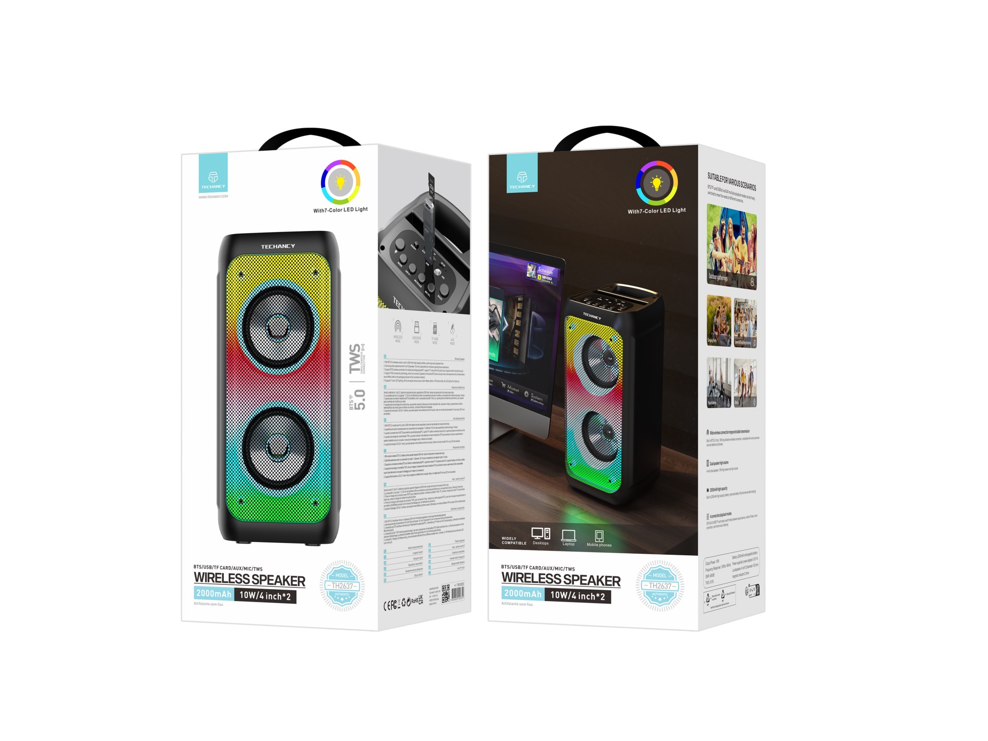 Techancy TH2637 Wireless Bluetooth Speaker, 2*4 Inch Speaker, TWS Stereo Sound, Led Light Rhythms,